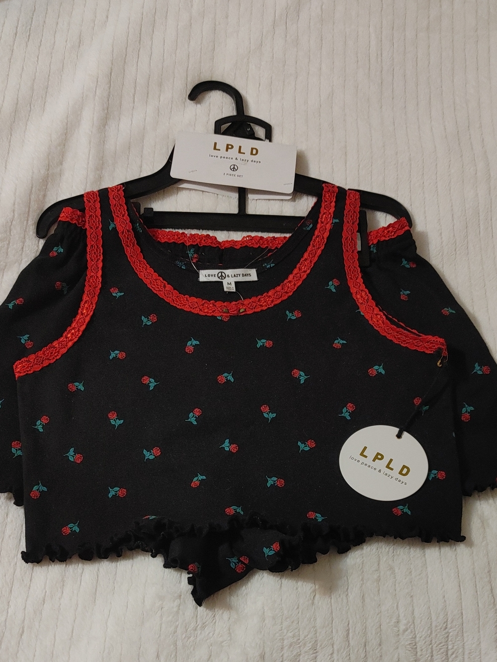 2 PC Set LP.LD Black Crop Top with Red Trim & Cherry Print